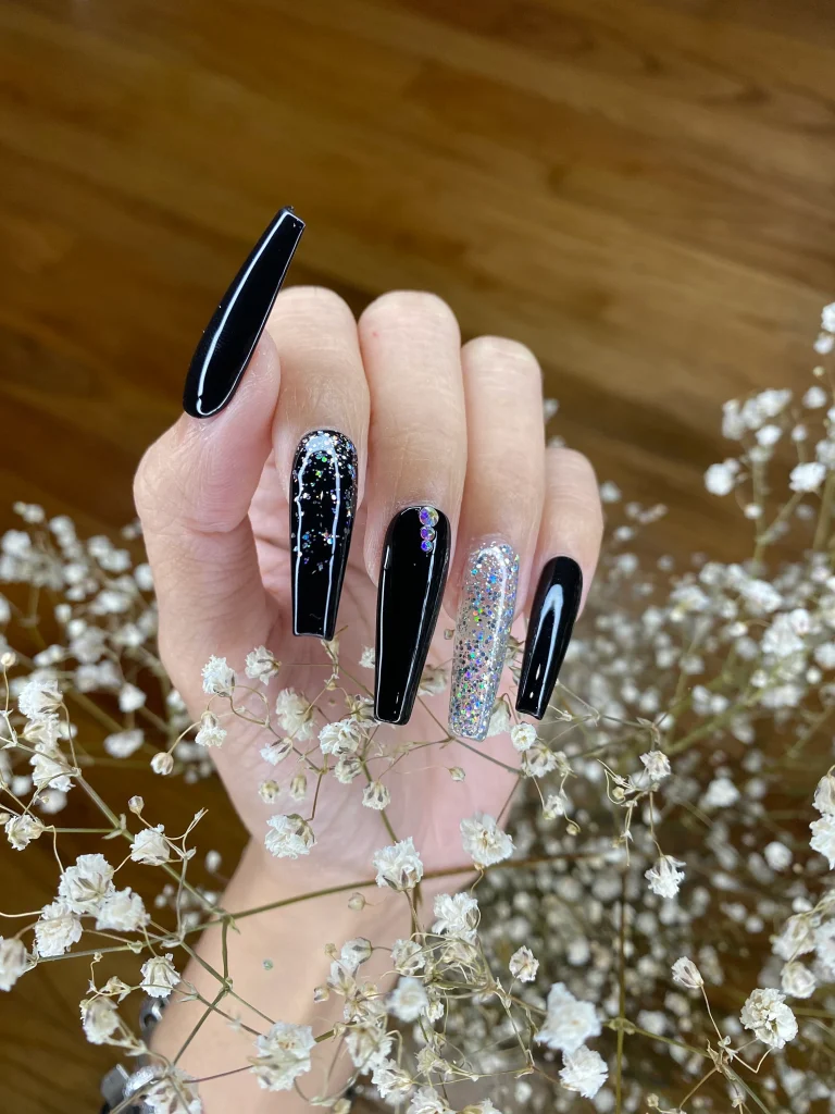 Black Nails with Rhinestones