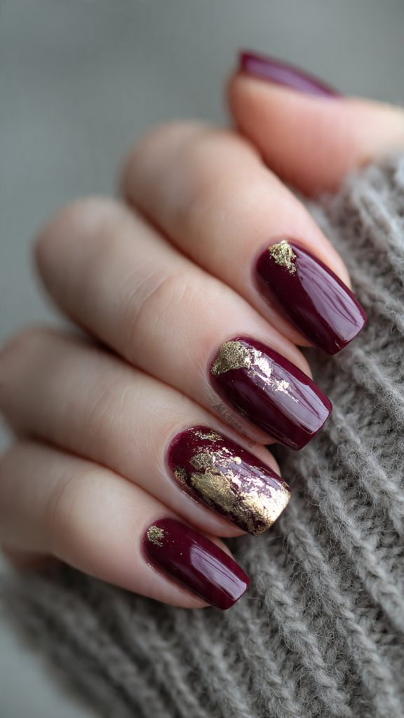 Burgundy Nails with Gold Foil
