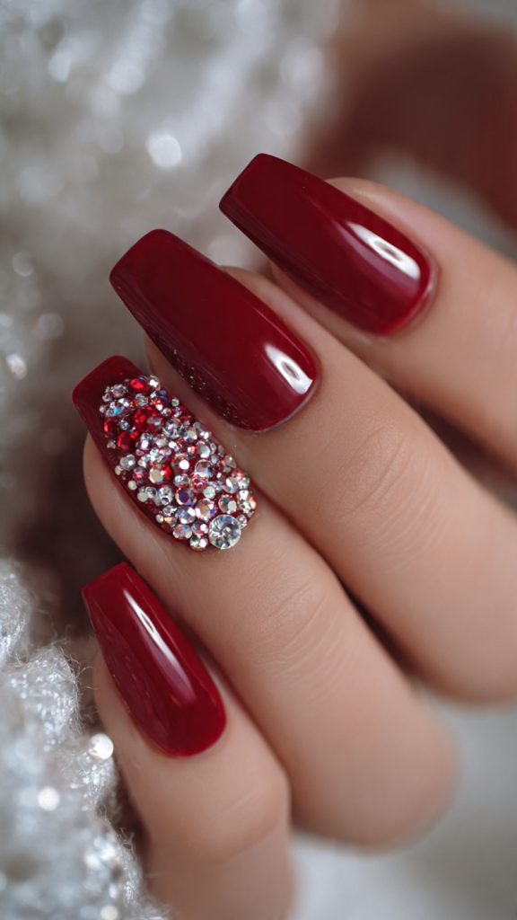 Cherry Red Nails with Rhinestone Sparkle