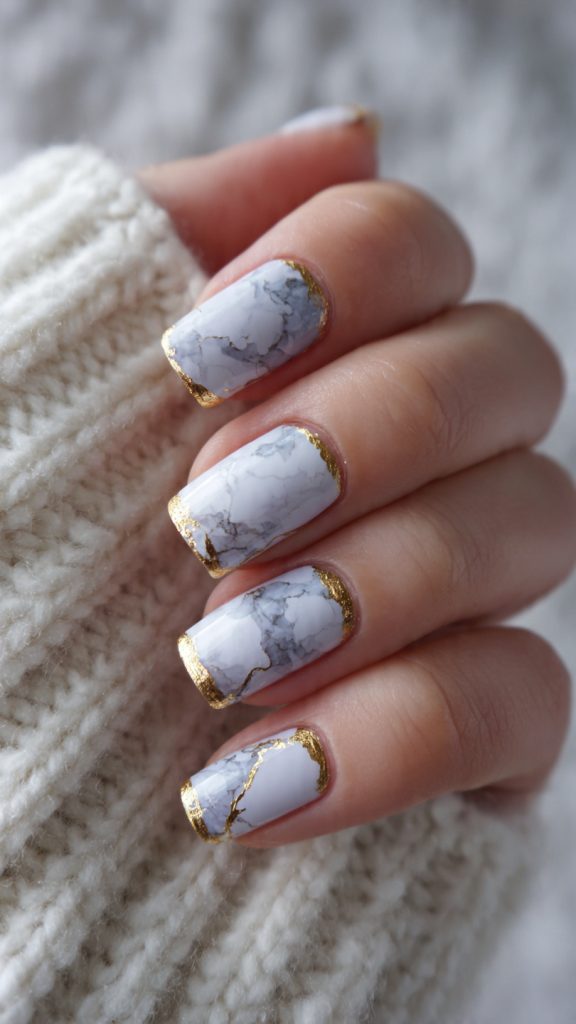 Marble Nails with Gold Outline
