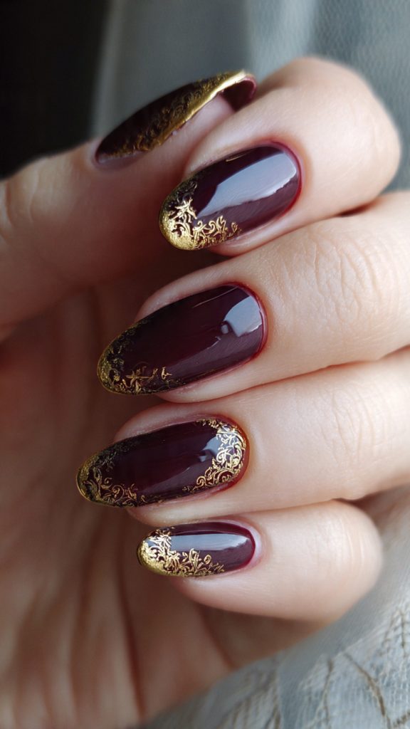 Maroon Nails with Gold French