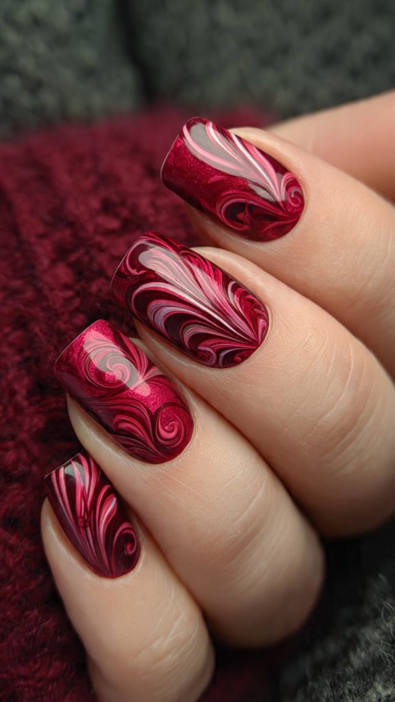 Raspberry Red Swirl Nail Design
