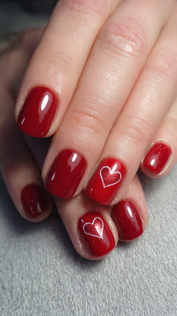 Red Nails with Cute Heart