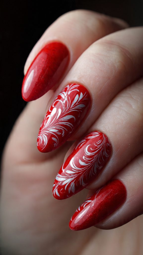 Red Nails with Fine White Art