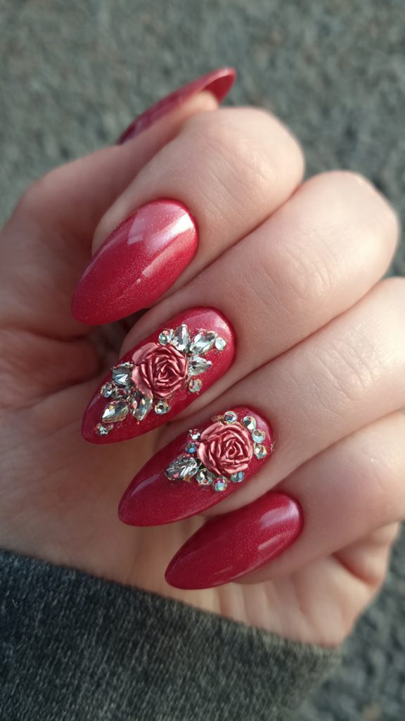 Rose Red Nails with 3D