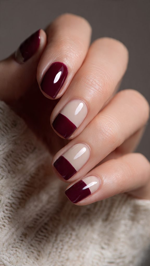 Merlot and Nude Color Block Nails