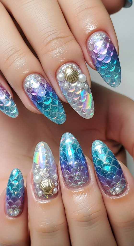 Ariel Inspired Mermaid Nails with Ocean Shine
