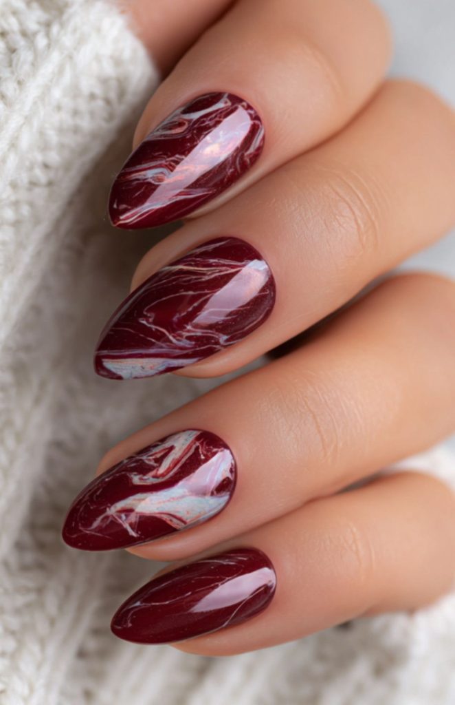 Artistic Burgundy Marble Nails