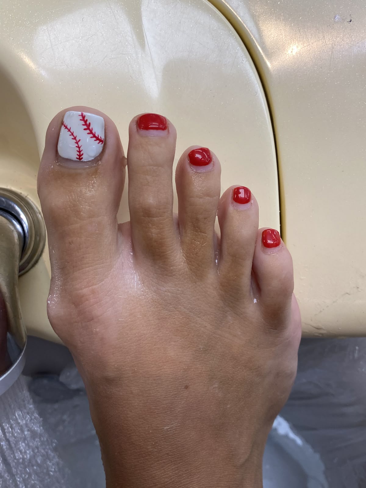 Baseball-Themed Toe Nail Design