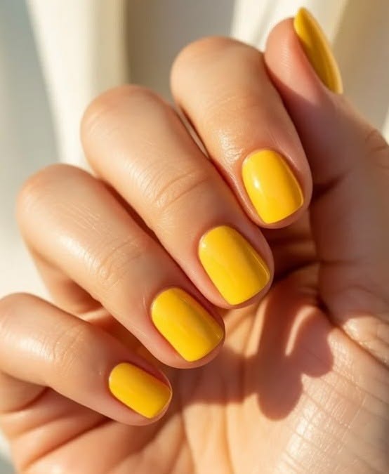 Bright Yellow Nails in a Short Round Shape