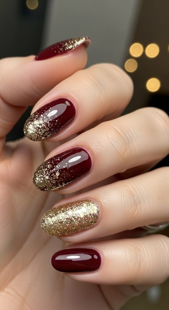 Burgundy Nails with Gold Glitter Sparkle