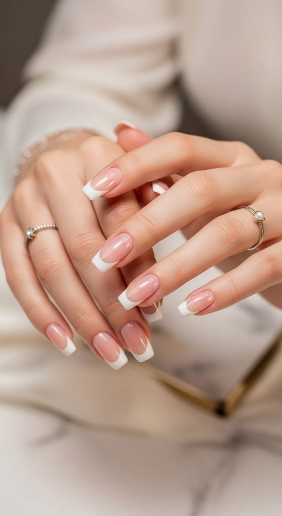 Clean White French Tip Acrylic Nails for Brides