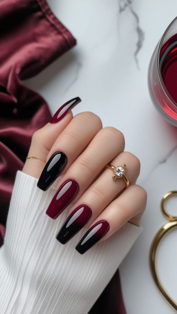 Dark Black and Burgundy Nail Combo