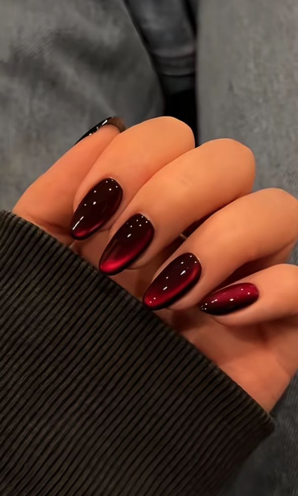 Deep Cherry Red Cat Eye Nails