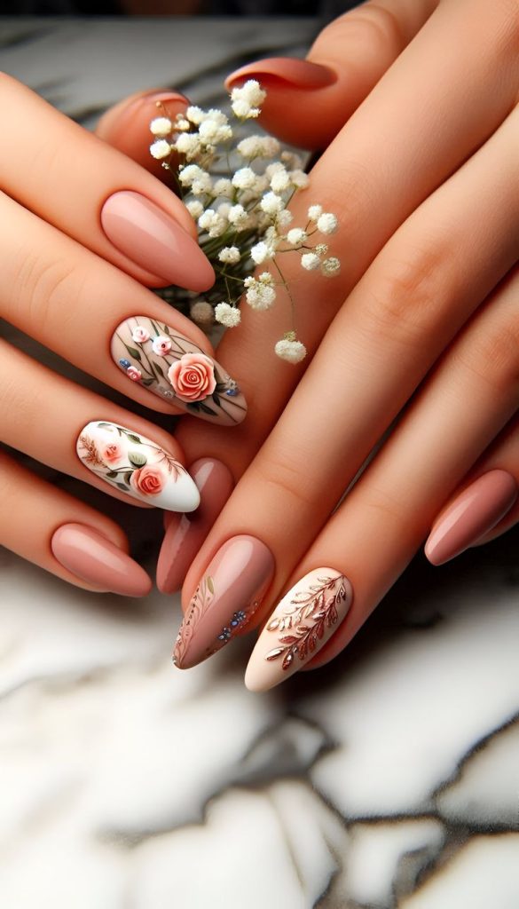 Dusty Desert Rose Almond Nails with Cactus Flower Art