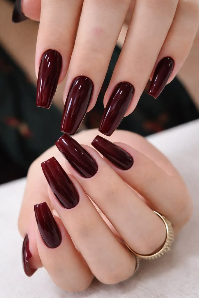 Elegant Burgundy Coffin Shape Nails