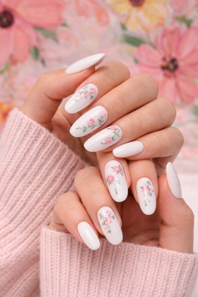 Floral Detail Milky Pink Nails