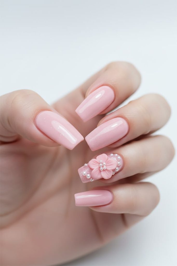 Floral Pastel Pink Coffin Nails