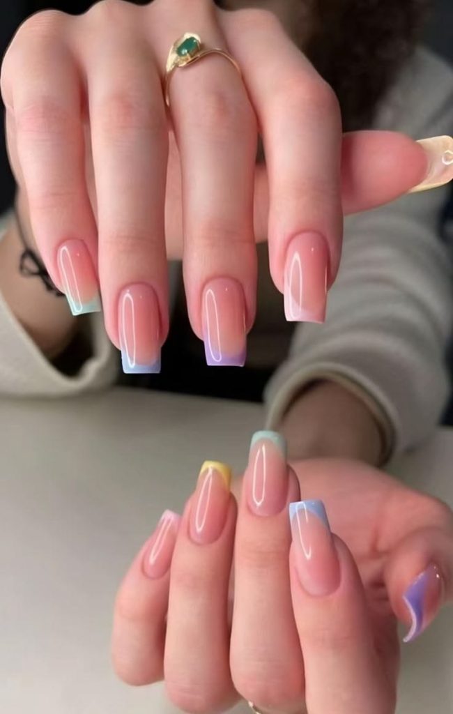 French Tip with Colored Tips Square Nails