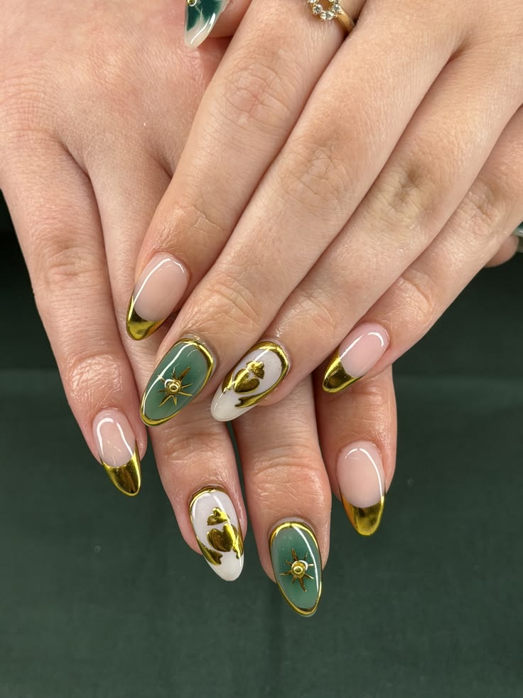 Jade Nails with Gold Frame Design