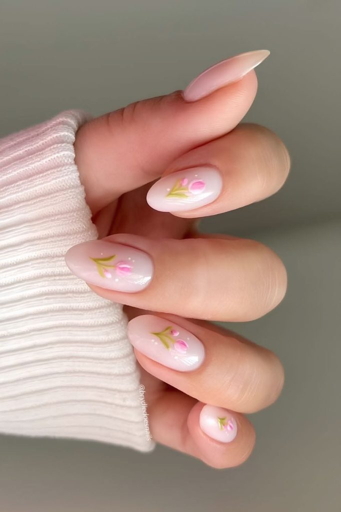 Jade Nails with Tiny Flower Art