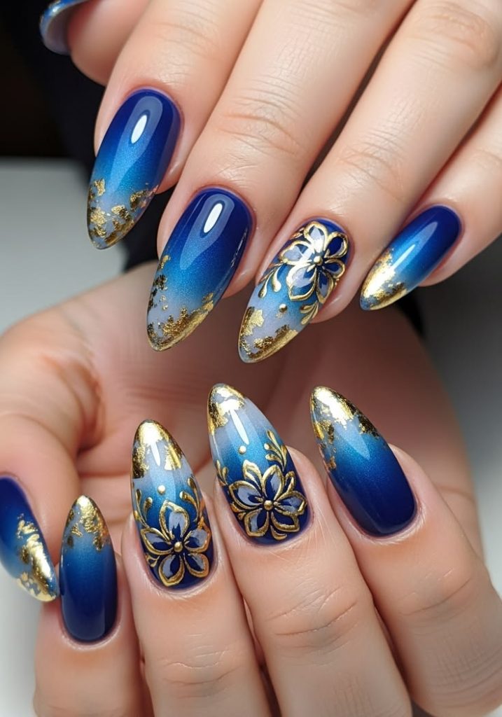 Jasmine Inspired Royal Blue and Gold Nails