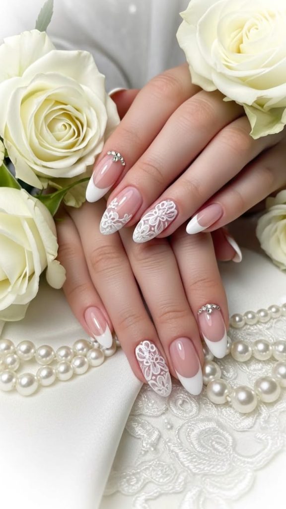 Lace Nails with Rhinestone Details
