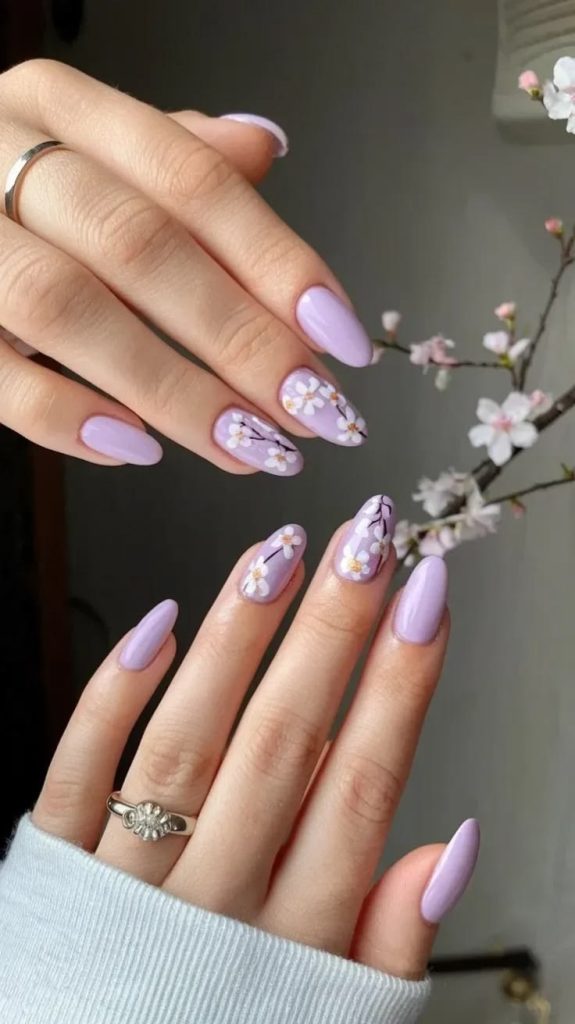 Lavender Almond Nails with Cherry Blossom Design
