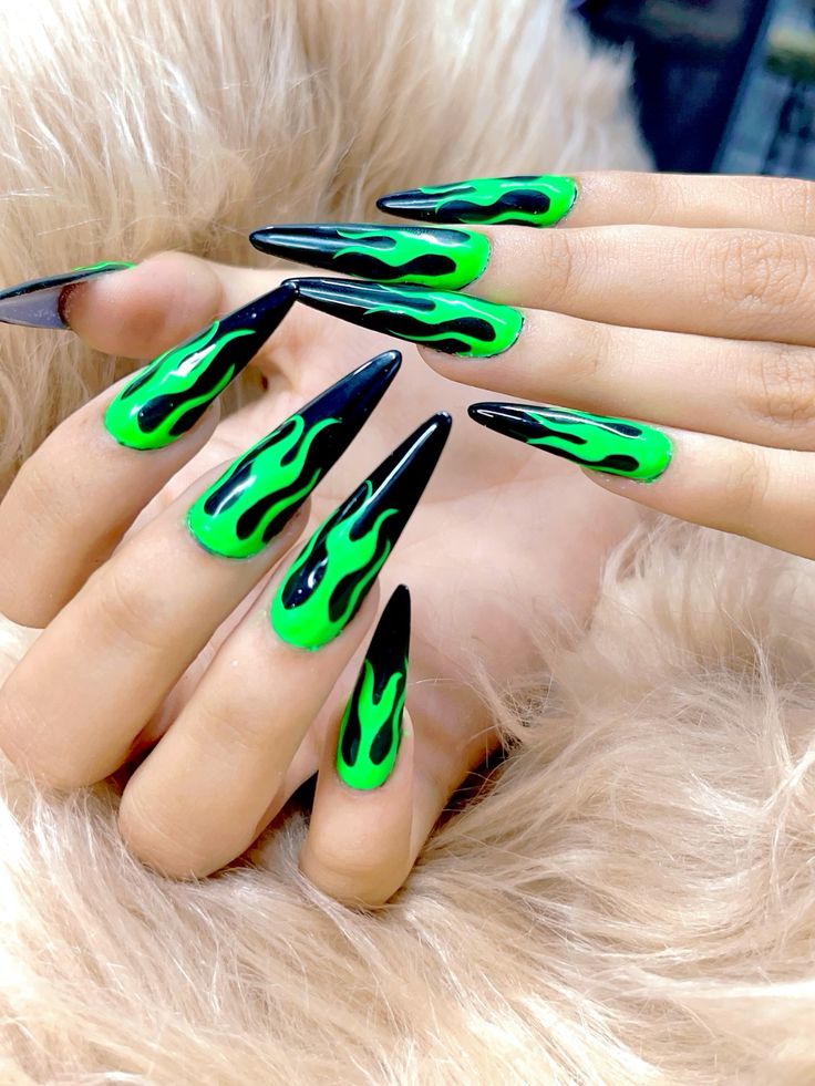 Maleficent Inspired Black and Green Flame Nails