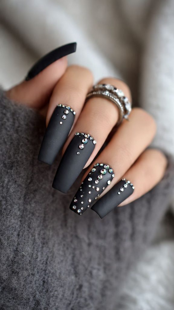 Matte Black Coffin Nails Decorated with Gems for Festival Vibes