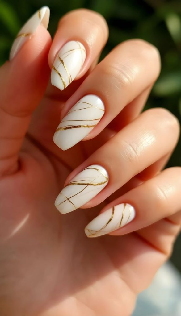 Milky Nails with Fine Gold Line