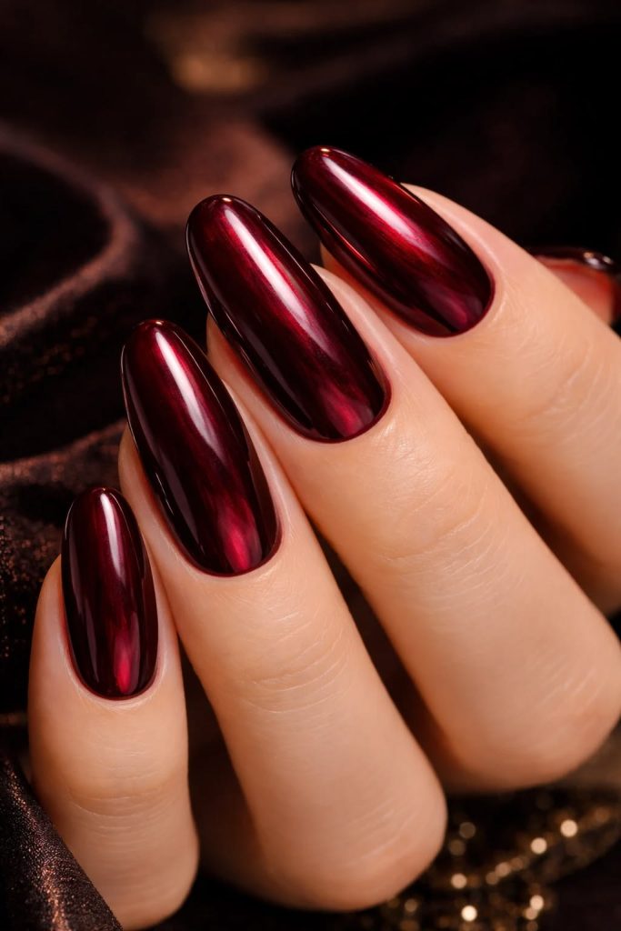 Mirror Shine Burgundy Chrome Nails