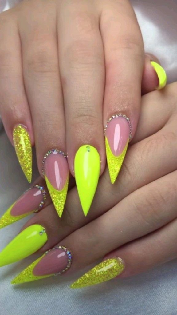 Neon Stiletto Nails with Rhinestones