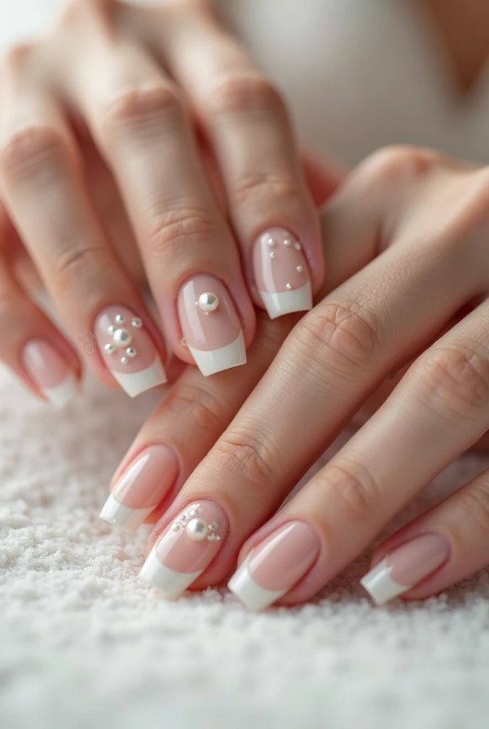 Pearl Decorated French Acrylic Nails for Weddings