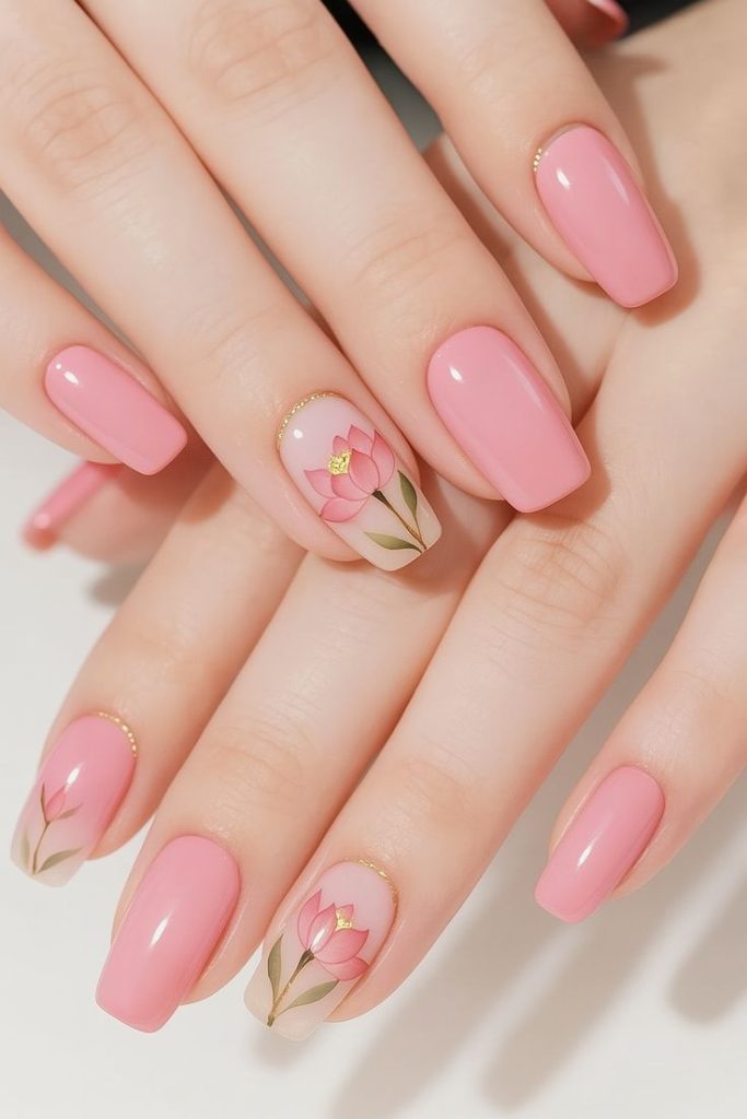 Pink Floral Nail Design for Short Nails