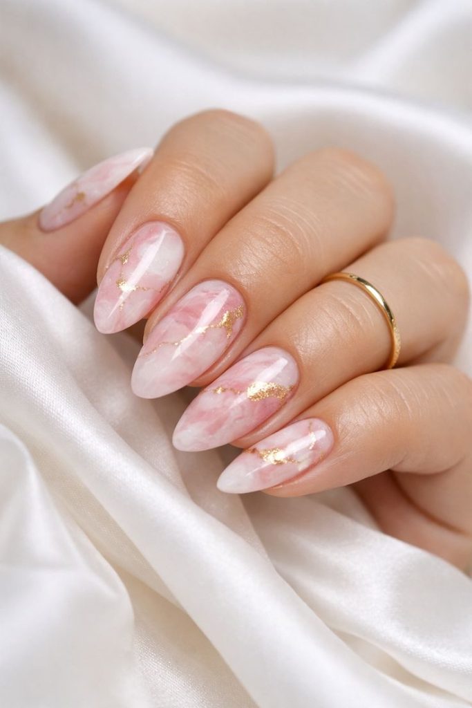 Pink and Gold Foil Almond Nails