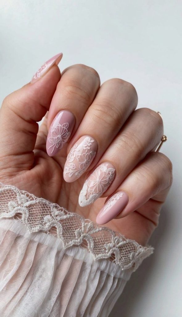Pink and Gold Lace Nails