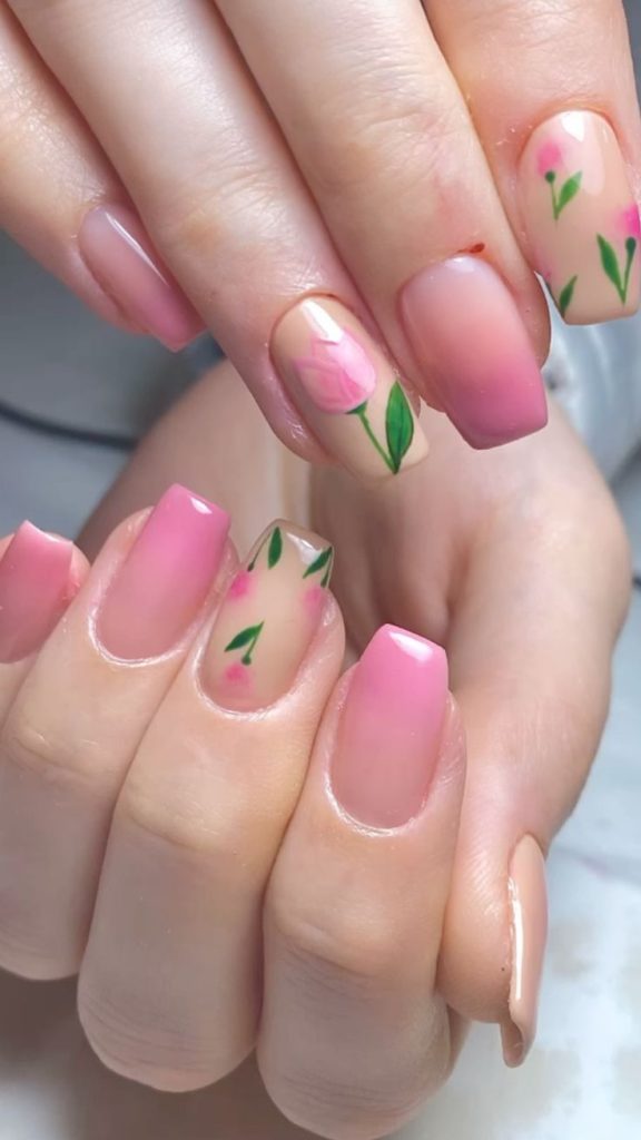 Pink and Green Floral Short Nails