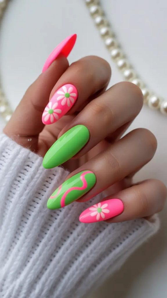 Pink and Green Short Almond Nails with Tropical Vibes