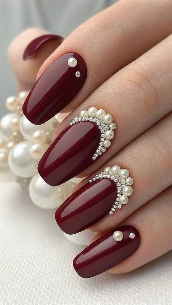 Romantic Burgundy Nails with Pearls