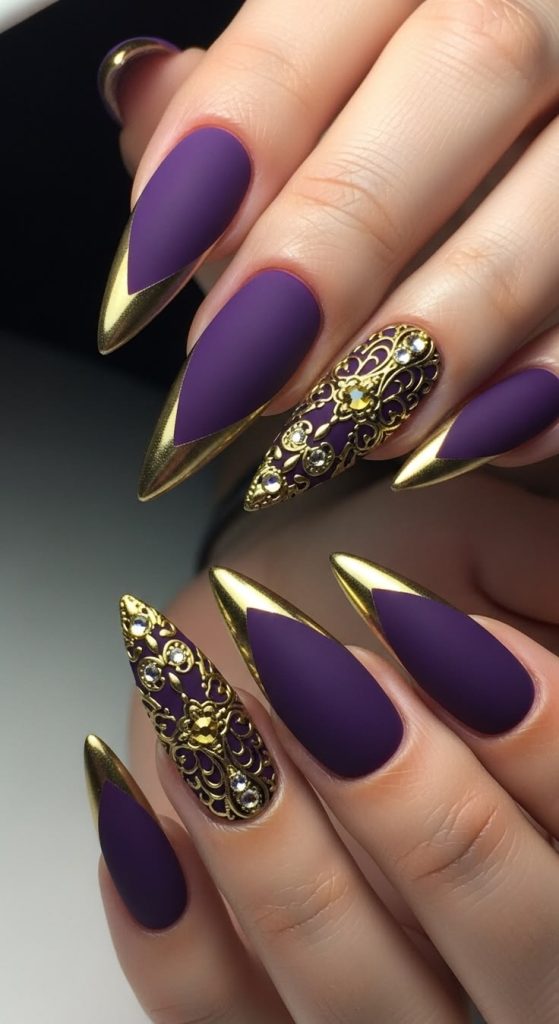 Royal Purple Velvet Nails With Gold Details