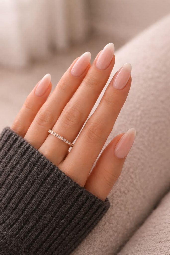 Soft Blush Pink Almond Nails for Round Solitaire Rings