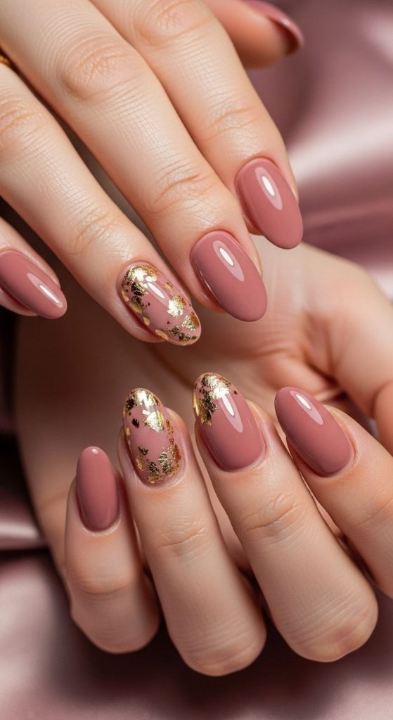 Soft Dusty Rose Nails With Gold Foil Touches