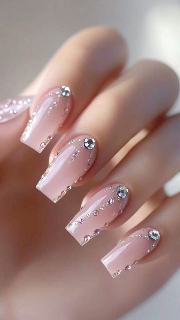 Sparkly Rhinestone French Acrylic Nail Design