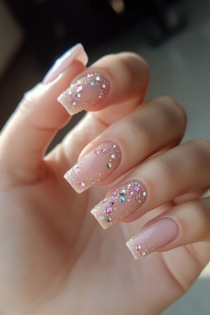 Square Nails Decorated with Rhinestones