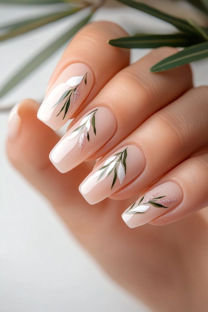 White Square Nails with Leaf Designs