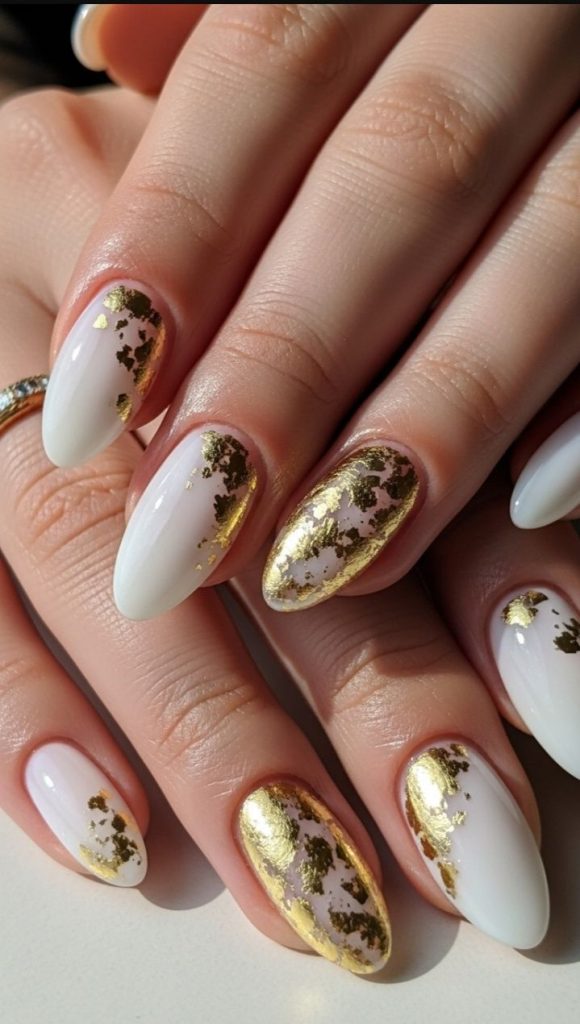 White and Gold Foil Almond Nails